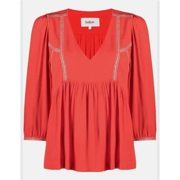 ba&sh Paris Amber Blouse Women’s Size Small Coral Embroidered V-Neck 3/4 Sleeve - Picture 2 of 9